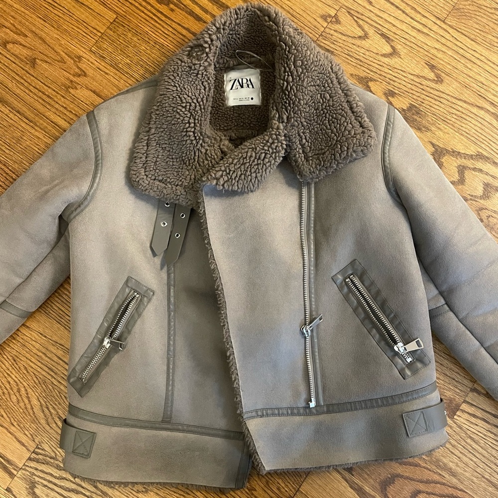 Zara brown Shearling Bomber Jacket faux